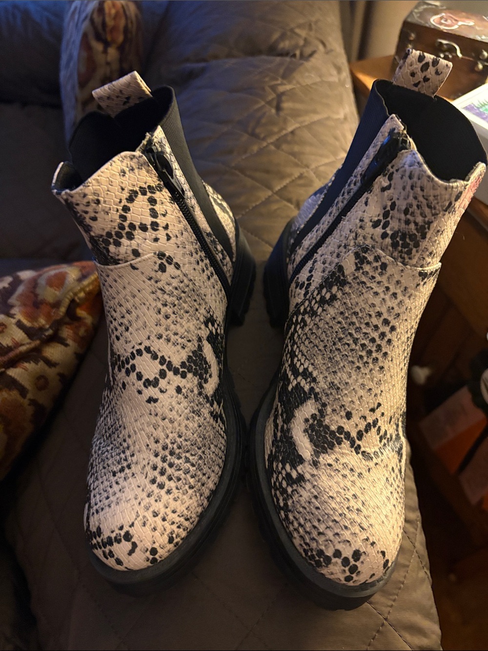 Universal Thread Snake-Print Chelsea Booties in Black and White